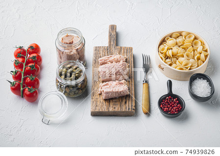 Pasta almentica with seafood ingredients, on white background 74939826