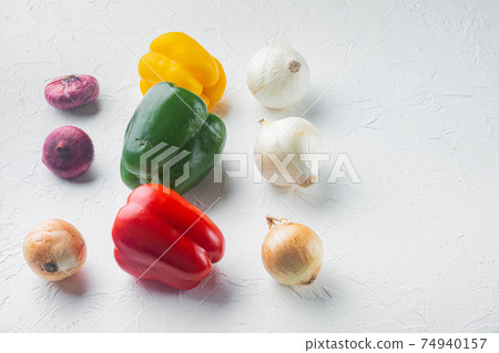 Collection of vegetables Bell pepper and onions, on white background Collection of vegetables Bell pepper and onions, on white background 74940157