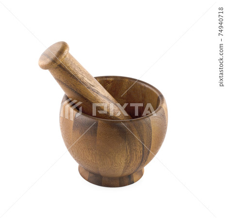 Handmade wooden mortar isolated on white background 74940718
