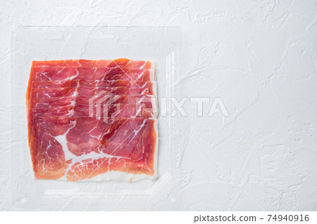 Italian antipasto hamon, on white background, top view with copy space for text 74940916