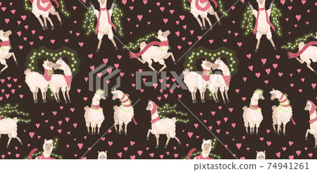 Pair of alpacas celebrate Valentine's Day, Valentine's Day. Seamless pattern, vector drawing cute illustration on brown background Pair of alpacas celebrate Valentine's Day, Valentine's Day. Seamless pattern, vector drawing cute illustration on brown background 74941261