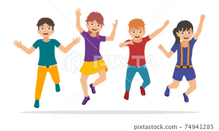Happy kids jumping, boys and girls have fun,... - Stock Illustration ...