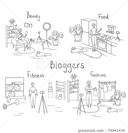 Bloggers. Scenes from life of various Internet characters. Beauty, food, fitness, fashion bloggers are recording videos. Cartoon vector illustration Bloggers. Scenes from life of various Internet characters. Beauty, food, fitness, fashion bloggers are recording videos. Cartoon vector illustration 74941476