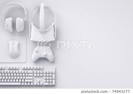 Top view of gamer workspace and gear like mouse, keyboard, joystick, headset, VR 74943277