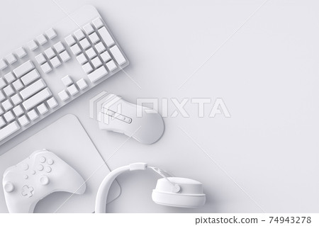 Top view of gamer workspace and gear like mouse, keyboard, joystick, headset Top view of gamer workspace and gear like mouse, keyboard, joystick, headset 74943278