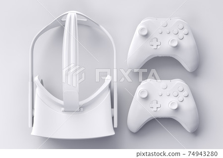 Top view of gamer workspace and gear like joystick and VR glasses on white Top view of gamer workspace and gear like joystick and VR glasses on white 74943280