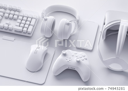 Top view of gamer workspace and gear like mouse, keyboard, joystick, headset, VR Top view of gamer workspace and gear like mouse, keyboard, joystick, headset, VR 74943281