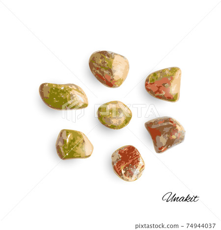 Unakite pebbles isolated, pink and green altered granite stones 74944037