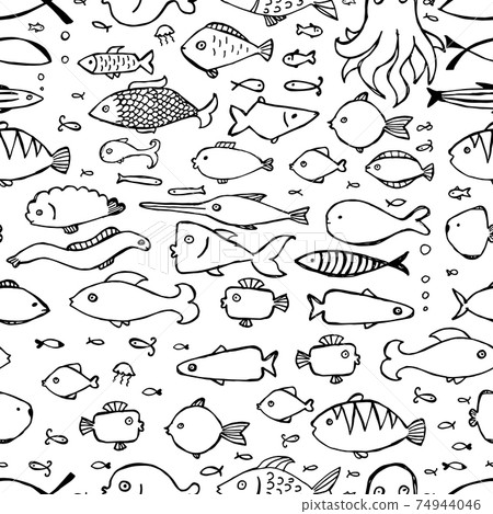 Hand Drawn Seamless Pattern with Doodle Fishes... - Stock Illustration ...