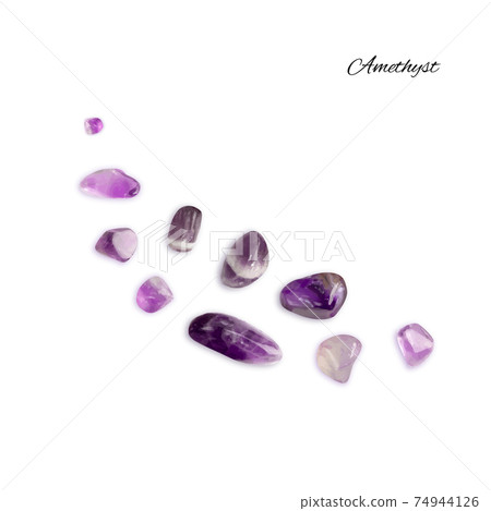 Amethyst crystals isolated. Purple quartz pebbles and crystal Amethyst crystals isolated. Purple quartz pebbles and crystal 74944126