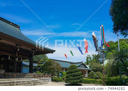 藍色的春天的天空背景下飄揚的鯉魚飄帶(北見冰川神社) 藍色的春天的天空背景下飄揚的鯉魚飄帶(北見冰川神社) 74944282
