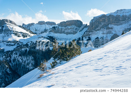 beautiful sunny snowy mountain landscape on Ebenalp in Appenzell 74944288