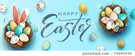 Easter blue illustration, eggs in a basket with a beautiful pattern, bunny ears, blue snowdrops 74945444