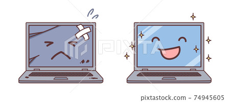 Illustration of a broken laptop and a laptop recovering and smiling 74945605