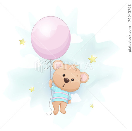 Cute little bear with big pink balloon Cute little bear with big pink balloon 74945798