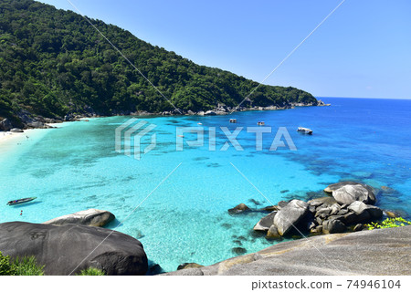 Top view from hill top at Similan island in Thailand , The beach are often visited by Similan diving tours and snorkeling 74946104