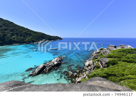 Top view from hill top at Similan island in Thailand , The beach are often visited by Similan diving tours and snorkeling 74946117