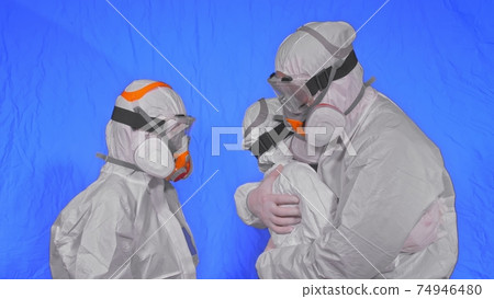 Family shield protect, to save life from virus. People portrait, wearing protect medical aerosol spray paint mask respirator. Coronavirus epidemic. Family shield protect, to save life from virus. People portrait, wearing protect medical aerosol spray paint mask respirator. Coronavirus epidemic. 74946480