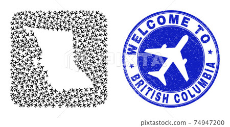 Welcome Grunge Stamp and British Columbia Map Air Plane Stencil Mosaic Welcome Grunge Stamp and British Columbia Map Air Plane Stencil Mosaic 74947200