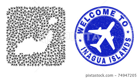 Welcome Scratched Stamp Seal and Inagua Islands Map Airplane Stencil Mosaic 74947205