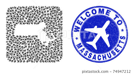 Welcome Watermark Stamp Seal and Massachusetts State Map Airplane Hole Mosaic 74947212