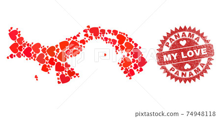 My Love Grunge Badge and Panama Map Valentine Heart Mosaic 74948118