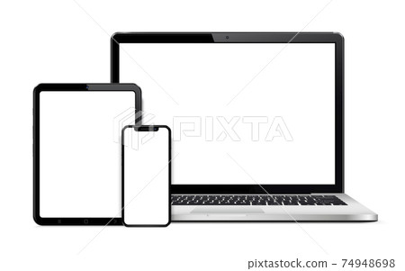 Laptop, tablet and smart phone isolated on white background with empty screen 74948698