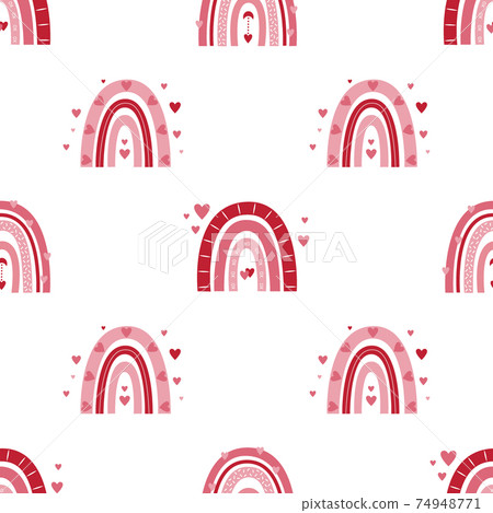 Valentine's day seamless pattern with rainbows and hearts on white background. 74948771