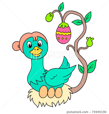 duck mother in the nest incubates the eggs, doodle icon image kawaii 74949190