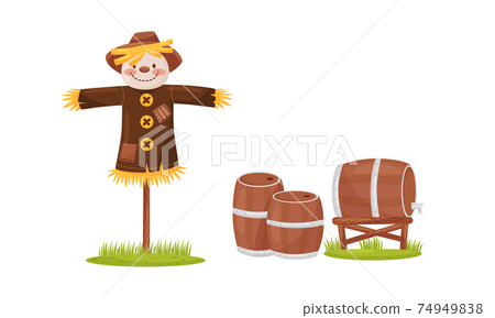 Strawman and Wooden Barrels as Village and Farm Elements Vector Set 74949838