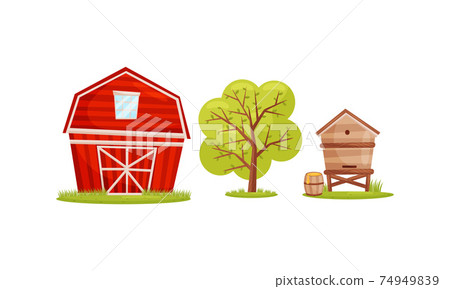 Timbered Red Barn or Granary for Crop Storage and Beehive as Village Elements Vector Set 74949839