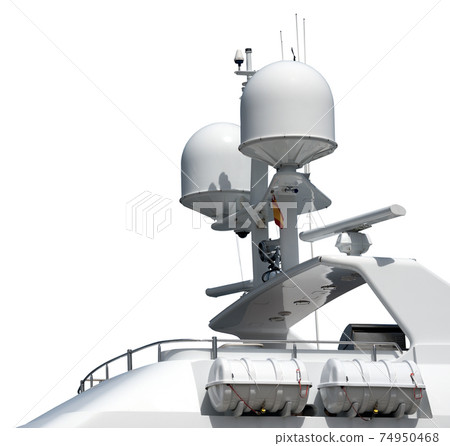 Luxury Yacht Superstructure with Radar and Communication Tower Isolated on White 74950468