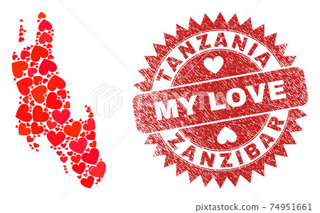 My Love Rubber Stamp Seal and Zanzibar Island Map Valentine Heart Mosaic 74951661