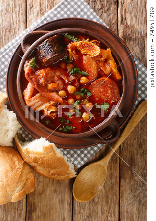 Madrid Style Tripe Recipe Callos Madrilenos closeup in the plate. Vertical top view 74951789