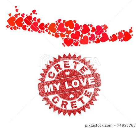 My Love Grunge Badge and Crete Map Heart Mosaic 74953763