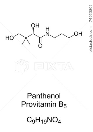 Panthenol, provitamin B5, chemical formula, skeletal structure. Also called pantothenol, used as moisturizer and to improve wound healing in pharmaceutical and cosmetic products. Illustration. Vector. 74953803