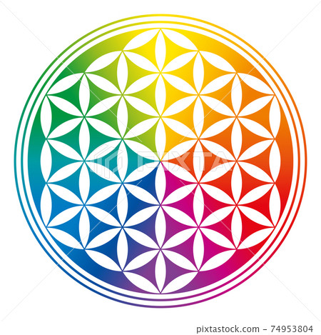 Flower of Life, inverted and rainbow colored. A geometric figure, spiritual symbol and Sacred geometry. Overlapping circles forming a mandala and flower like symmetrical pattern. Illustration. Vector. 74953804