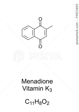 Menadione, sometimes called Vitamin K3, chemical formula and skeletal structure. Also named menaphthone, a nutritional supplement in animal feed because of its vitamin K activity. Illustration. Vector Menadione, sometimes called Vitamin K3, chemical formula and skeletal structure. Also named menaphthone, a nutritional supplement in animal feed because of its vitamin K activity. Illustration. Vector 74953805