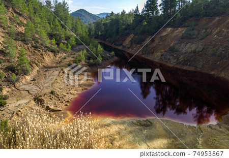 Toxic red lake in abandoned open pit mine in a forest Toxic red lake in abandoned open pit mine in a forest 74953867