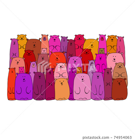 Funny pink bears family, sketch for your design 74954063