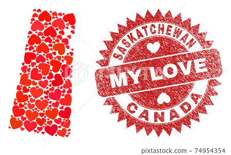 My Love Grunge Stamp and Saskatchewan Province Map Heart Mosaic 74954354