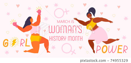 Woman history month concept vector on flat style. Event is celebrated in March in USA, United Kingdom, Australia. Girl power and feminism illustration for web, poster, banner. Woman history month concept vector on flat style. Event is celebrated in March in USA, United Kingdom, Australia. Girl power and feminism illustration for web, poster, banner. 74955329