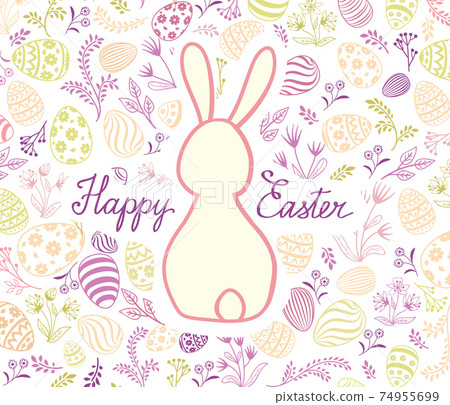 Happy Easter greeting card. Spring holiday background with rabbit bunny and handwritten lettering HAPPY EASTER over line drawn Easter icons eggs and flowers floral festive background 74955699