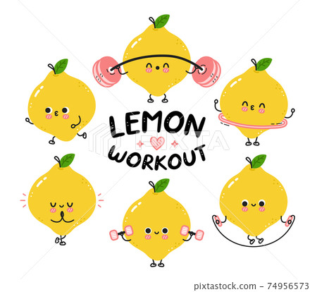 Cute funny lemon make gym set collection. Vector flat line cartoon kawaii character illustration icon. Isolated on white background. Lemon workout character bundle concept 74956573