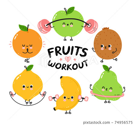 Cute funny fruits make gym set collection. Vector flat line cartoon kawaii character illustration icon. Isolated on white background. Pear,lemon,orange,apple,kiwi,banana workout character bundle 74956575