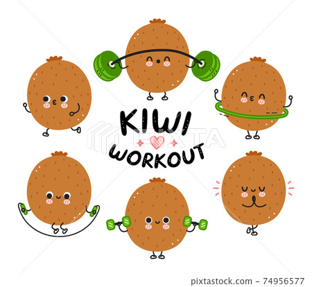 Cute funny kiwi make gym set collection. Vector flat line cartoon kawaii character illustration icon. Isolated on white background. Kiwi fruit workout character bundle concept 74956577