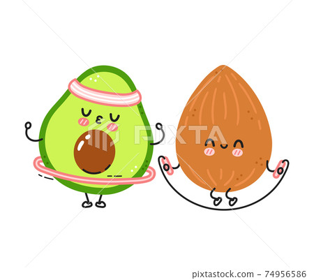 Cute funny almond make gym with jump rope and avocado with hula hoop. Vector flat line cartoon kawaii character illustration icon. Isolated on white background. Almond and avocado workout concept Cute funny almond make gym with jump rope and avocado with hula hoop. Vector flat line cartoon kawaii character illustration icon. Isolated on white background. Almond and avocado workout concept 74956586