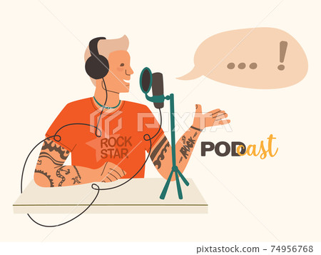 A man in a red T-shirt and with tattoos makes audio content. Rocker blogger streaming podcast. Studio audio recording. Vector flat isolated illustration. A man in a red T-shirt and with tattoos makes audio content. Rocker blogger streaming podcast. Studio audio recording. Vector flat isolated illustration. 74956768