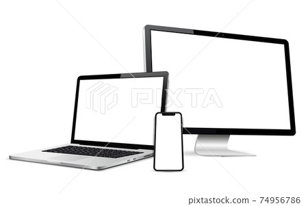Laptop with computer screen and cellphone mockup 74956786