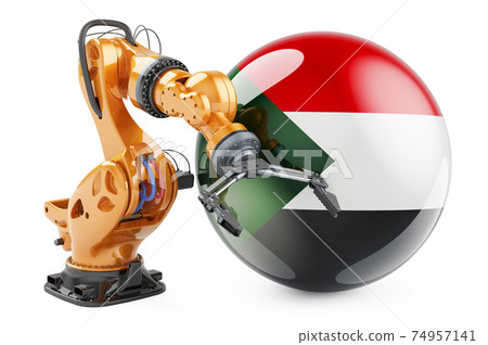 Robotic arm with Sudanese flag. Modern technology, industry and production in Sudan concept, 3D rendering Robotic arm with Sudanese flag. Modern technology, industry and production in Sudan concept, 3D rendering 74957141